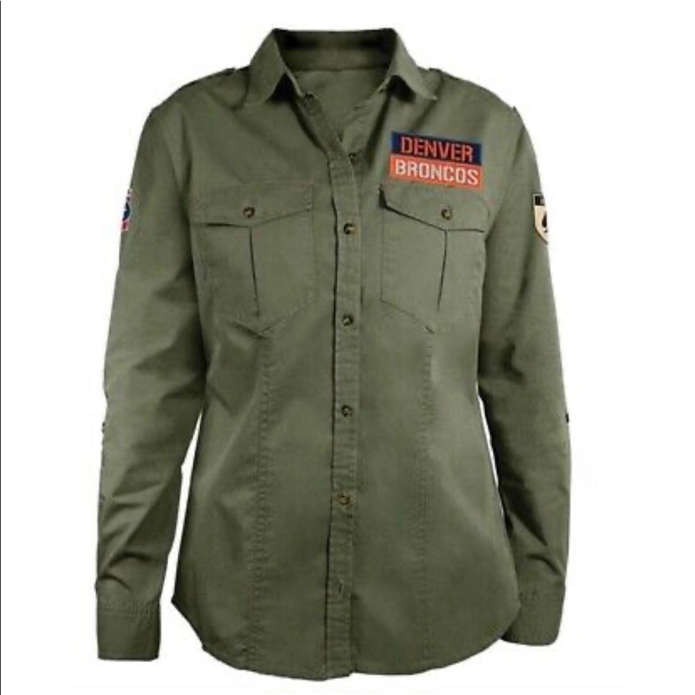 Denver Broncos NFL Team Apparel Womens Military Shirt Green Collar Cotton XL New